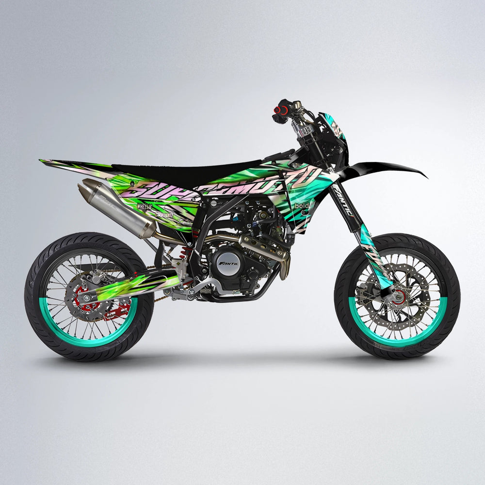 INFERNO Fantic supermoto graphics kit in Cyan & Green