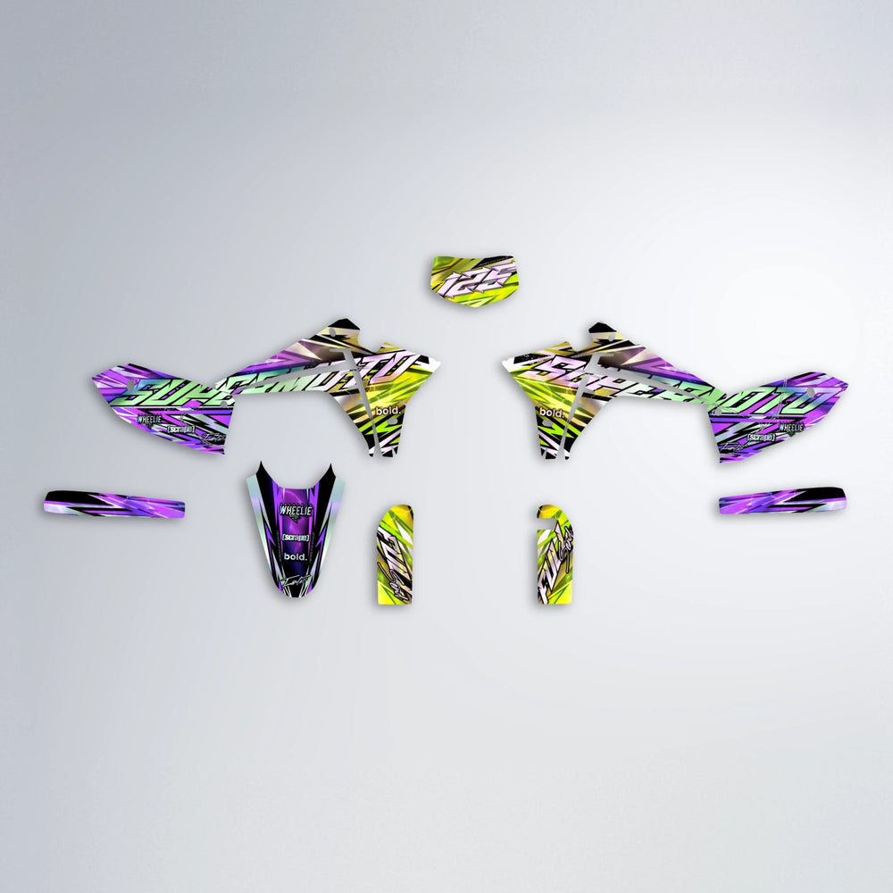 INFERNO Fantic graphics kit parts layout in Purple & Yellow