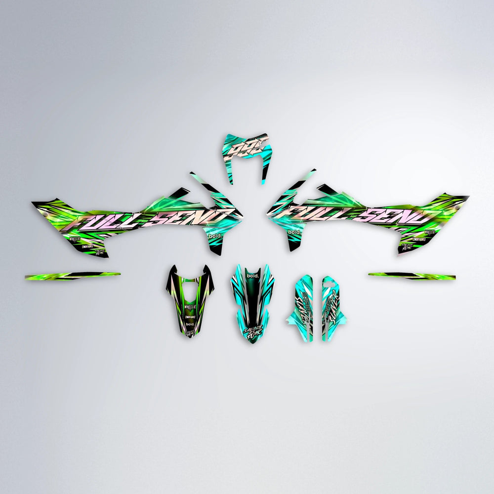 INFERNO KTM SMC 690 graphics kit parts layout in Cyan & Green
