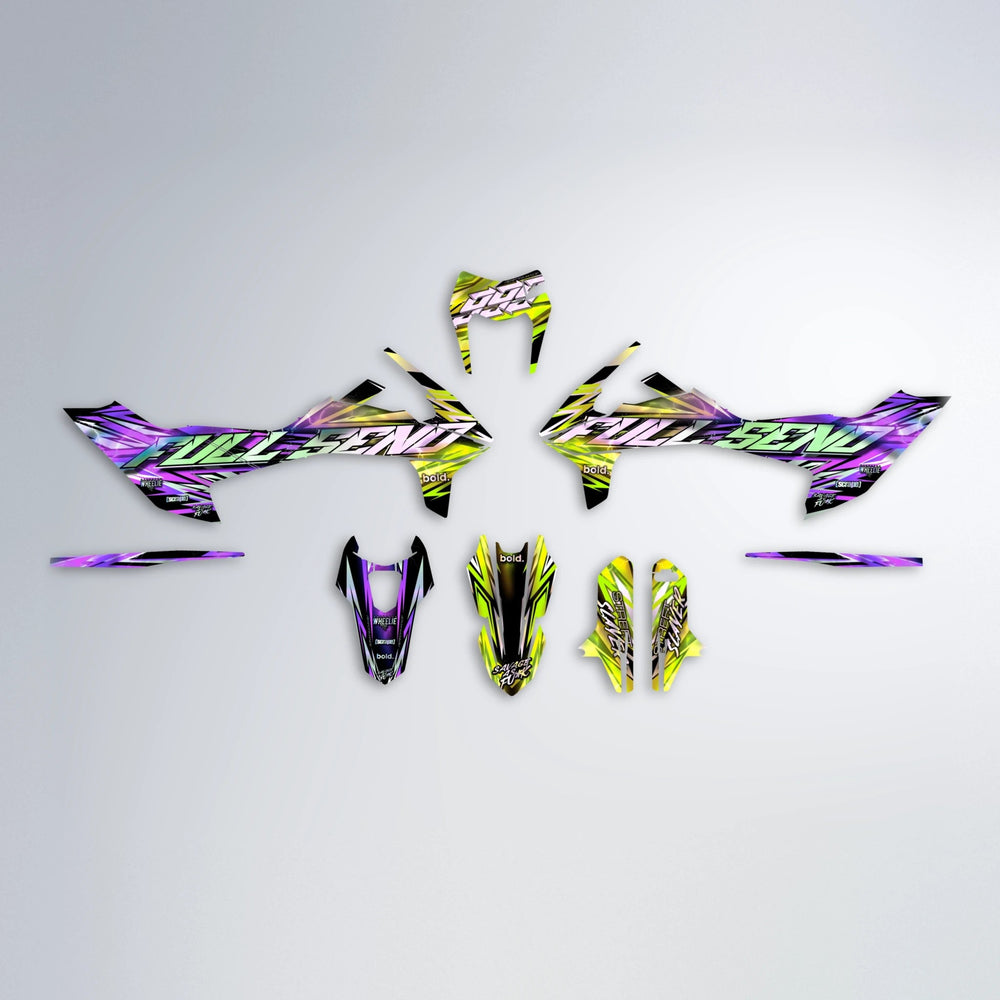 INFERNO KTM SMC 690 graphics kit parts layout in Purple & Yellow