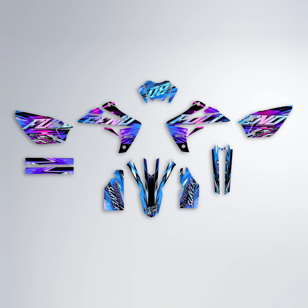 INFERNO Rieju MRT graphics kit parts layout in Blue Purple Fade