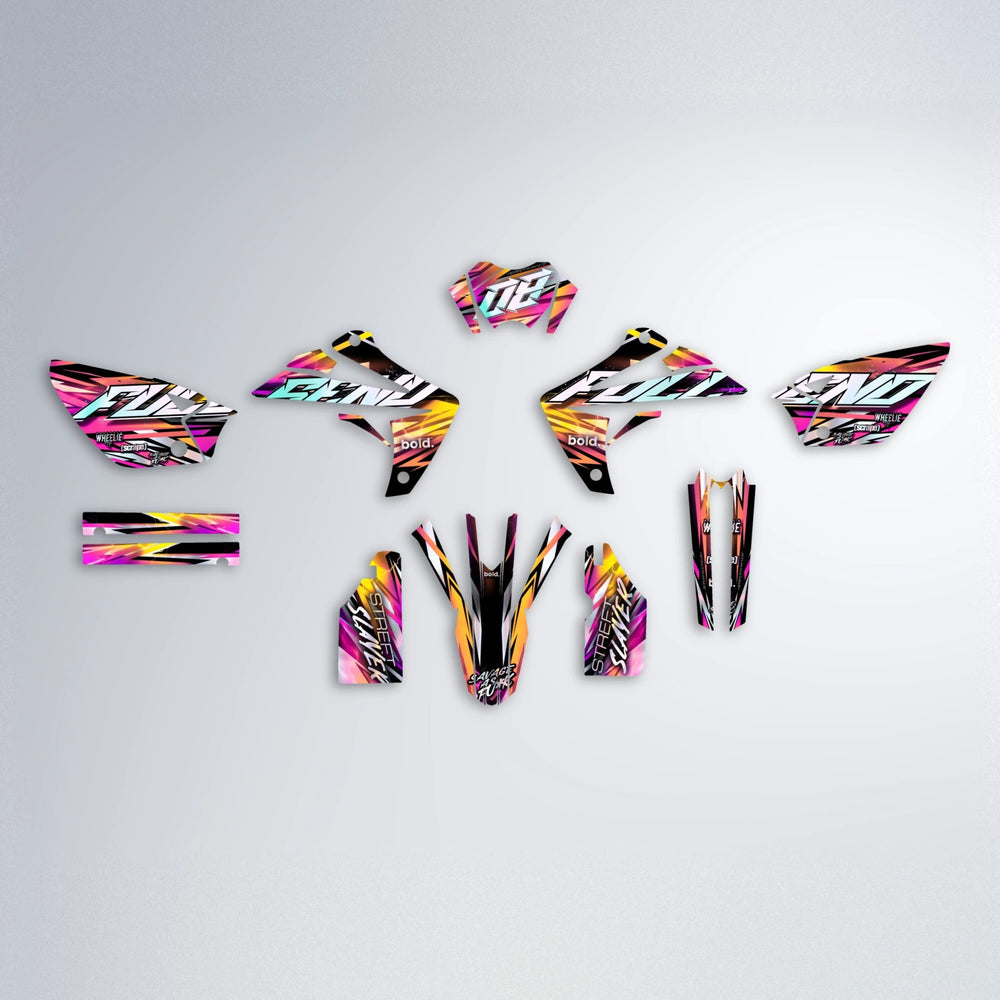 INFERNO Rieju MRT graphics kit parts layout in Pink & Yellow