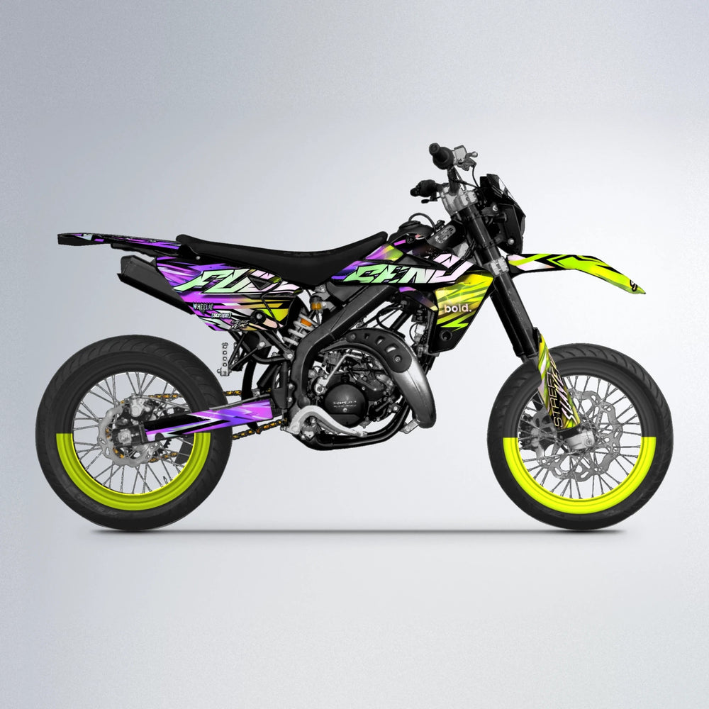 INFERNO Rieju MRT supermoto graphics kit in Purple & Yellow
