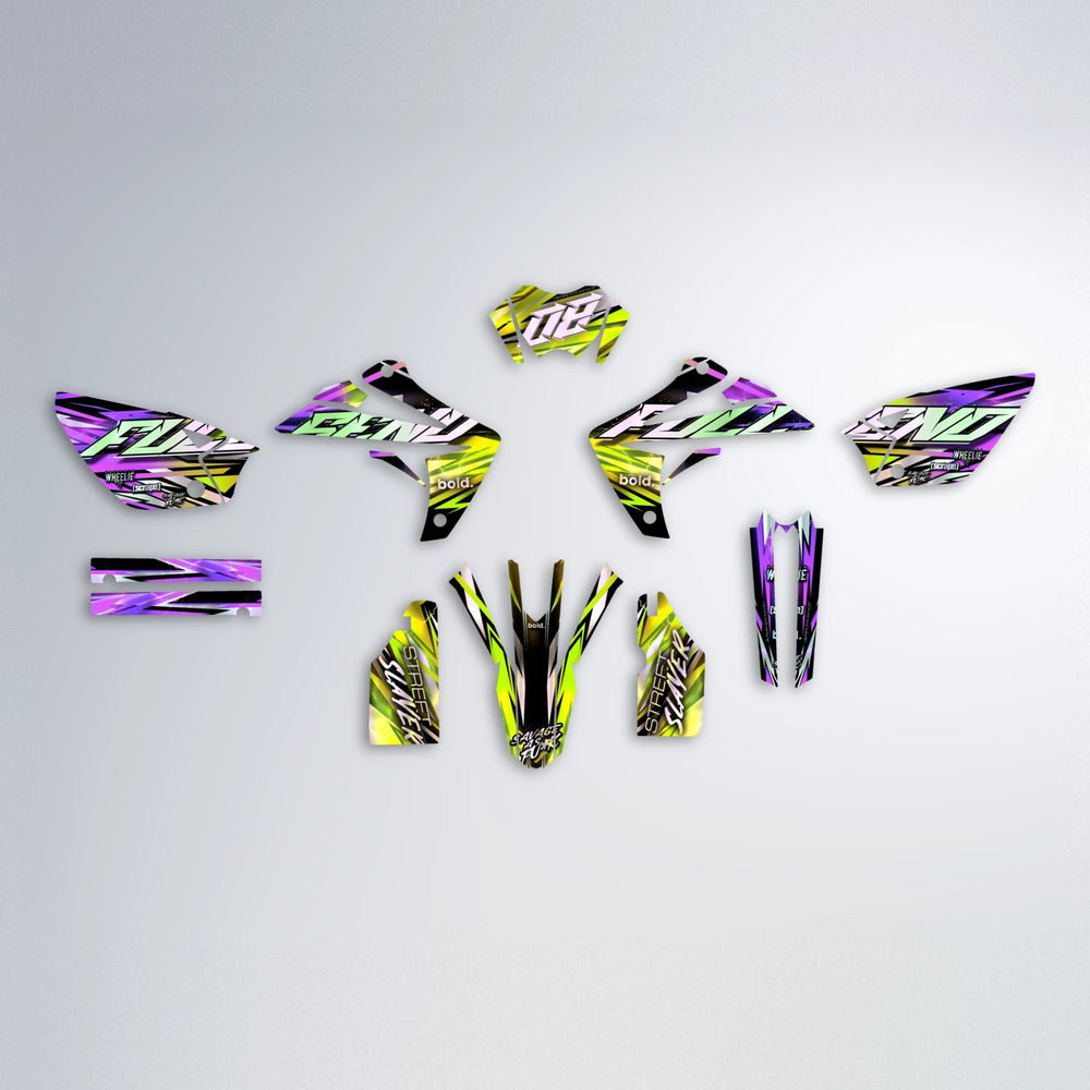 INFERNO Rieju MRT graphics kit parts layout in Purple & Yellow
