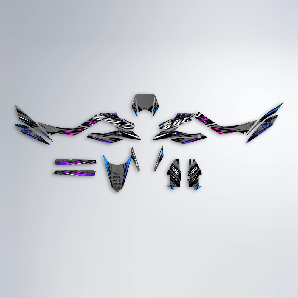 KLING Aprilia SX 125 graphics kit parts layout in Blue Purple Fade