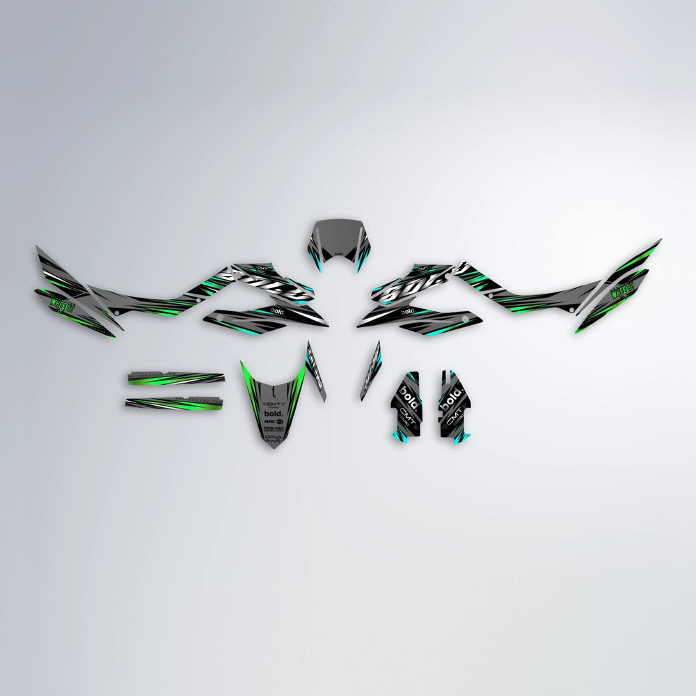 KLING Aprilia SX 125 graphics kit parts layout in Cyan & Green