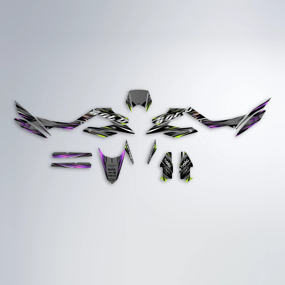 KLING Aprilia SX 125 graphics kit parts layout in Purple & Yellow