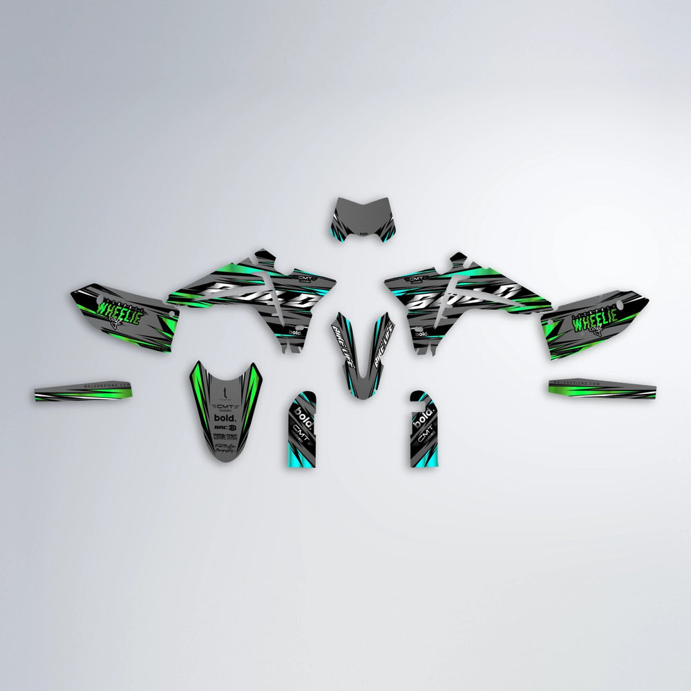 KLING Fantic graphics kit parts layout in Cyan & Green