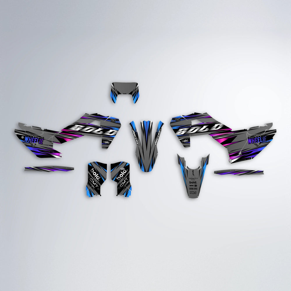 KLING Husqvarna FE/TE graphics kit parts layout in Blue Purple Fade