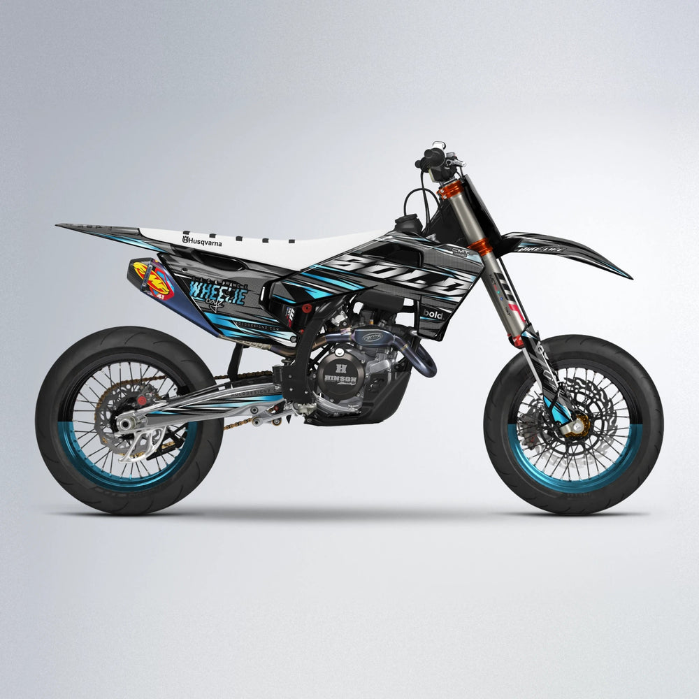 KLING Husqvarna FE/TE supermoto graphics kit in Light Blue & White