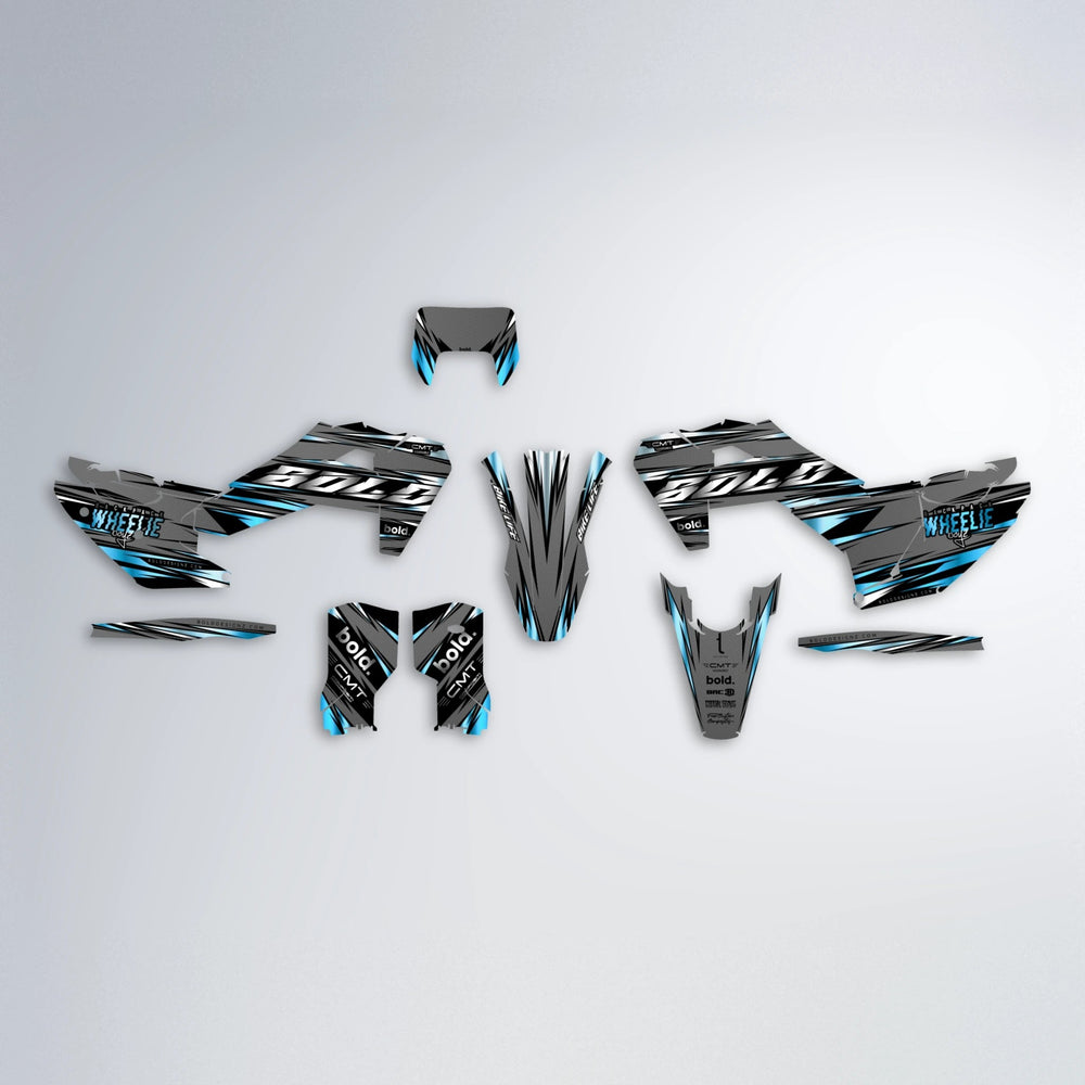KLING Husqvarna FE/TE graphics kit parts layout in Light Blue & White