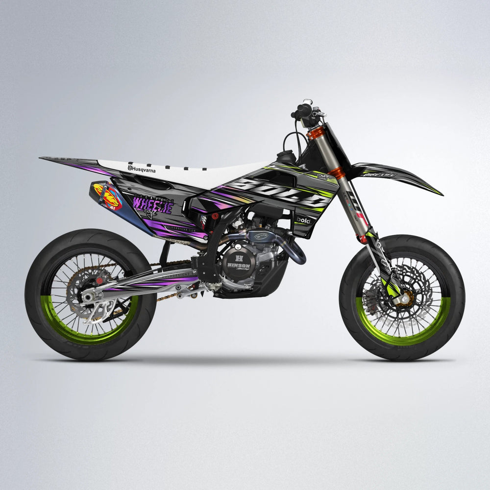 KLING Husqvarna FE/TE supermoto graphics kit in Purple & Yellow
