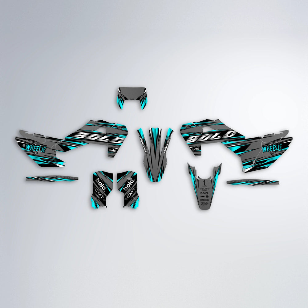 KLING Husqvarna FE/TE graphics kit parts layout in Teal