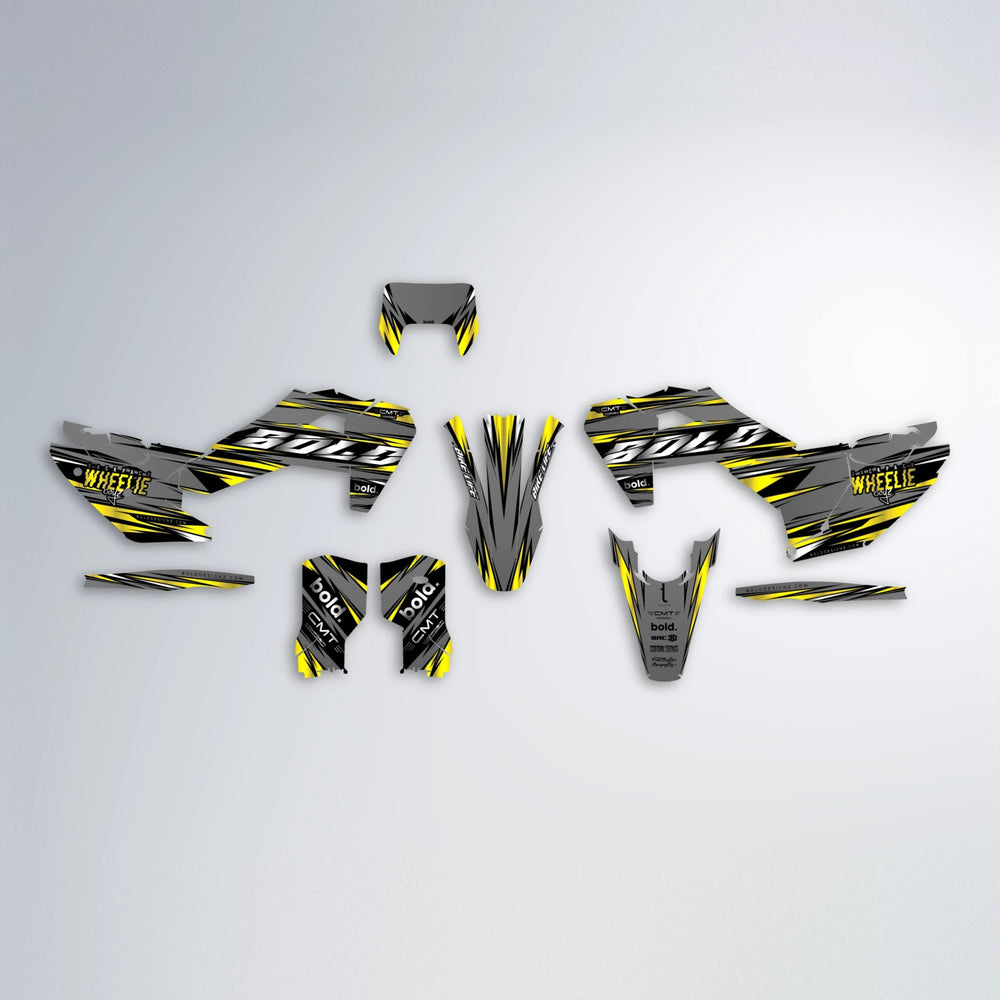 KLING Husqvarna FE/TE graphics kit parts layout in Yellow