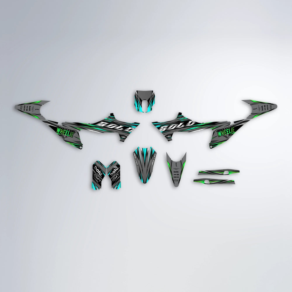 KLING Stark Varg MX graphics kit parts layout in Cyan & Green