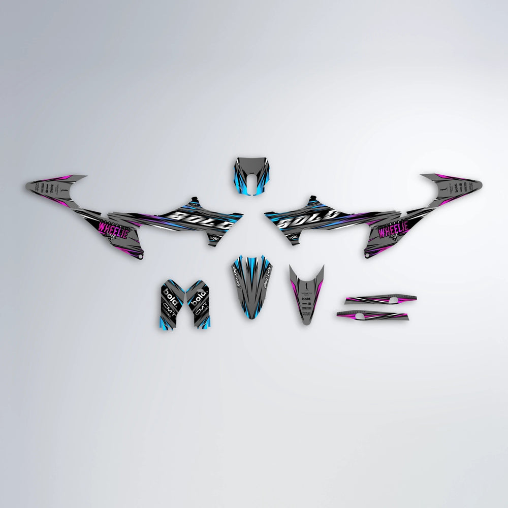 KLING Stark Varg MX graphics kit parts layout in Pink & Light Blue