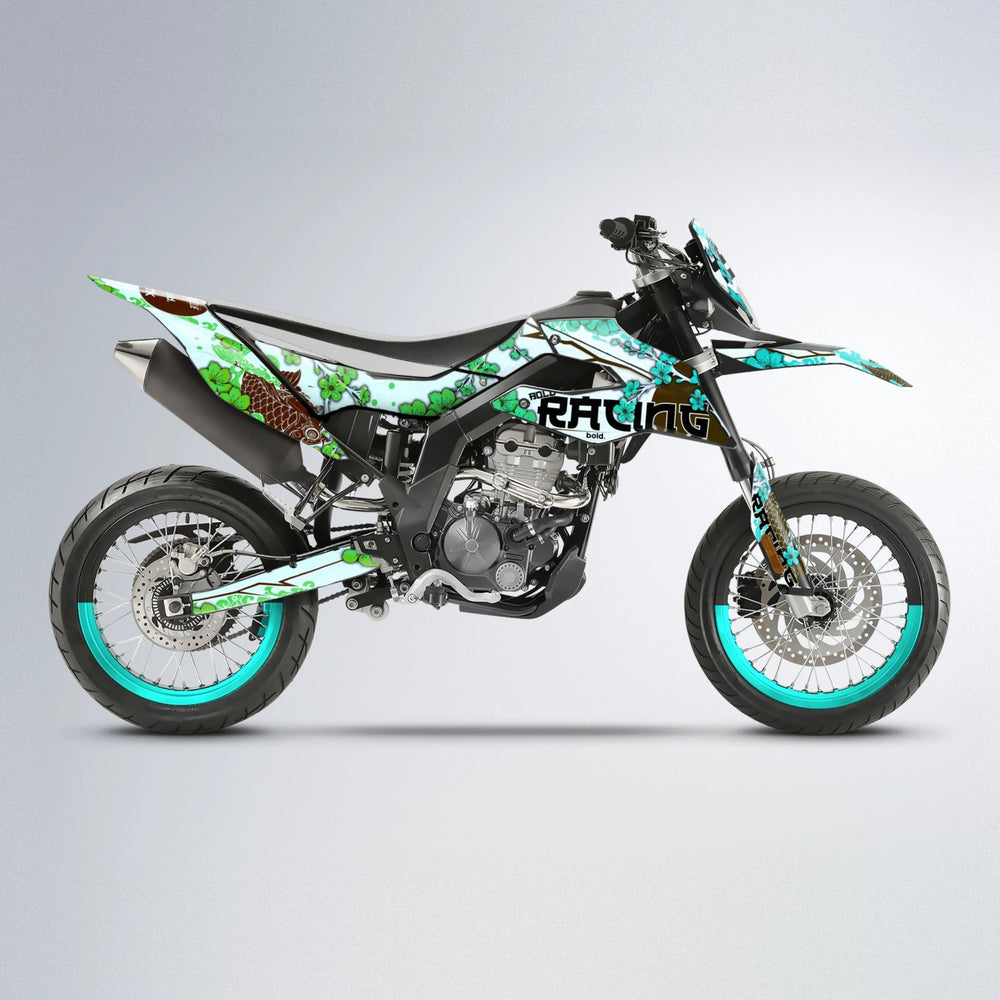 KOI Aprilia SX 125 supermoto graphics kit in Cyan & Green