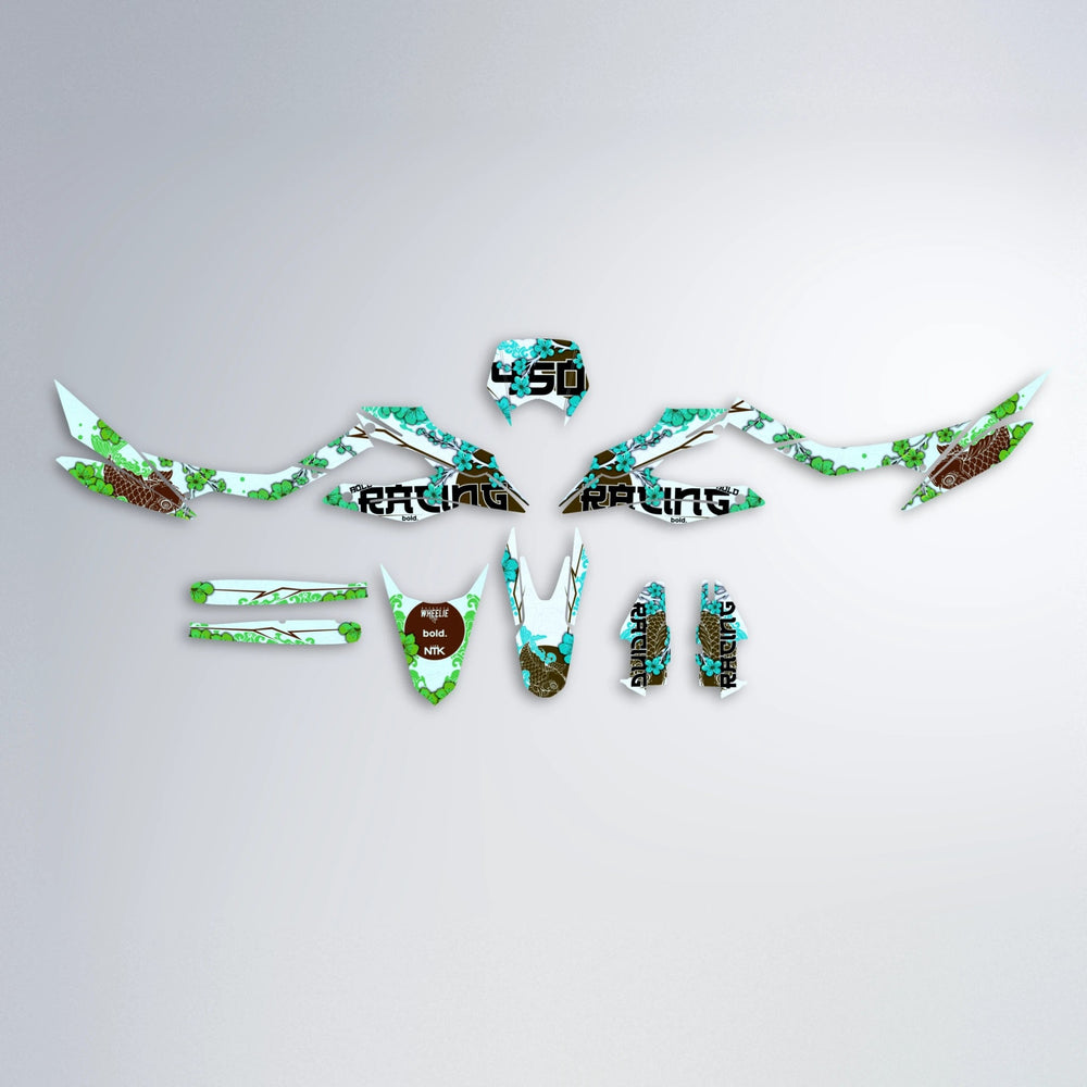 KOI Aprilia SX 125 graphics kit parts layout in Cyan & Green