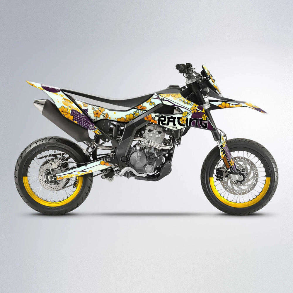 KOI Aprilia SX 125 supermoto graphics kit in Orange & Yellow