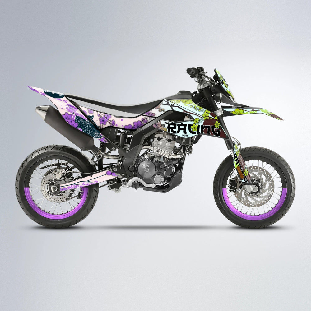 KOI Aprilia SX 125 supermoto graphics kit in Purple & Yellow