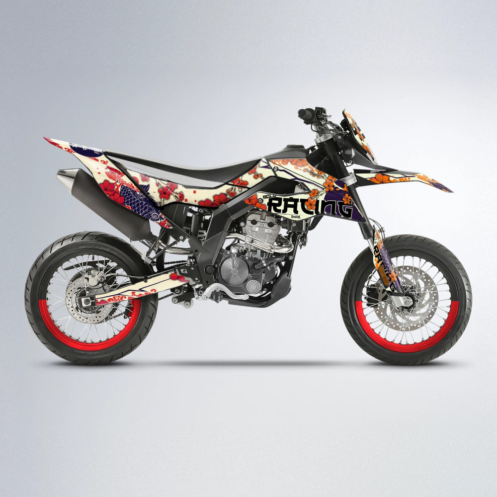 KOI Aprilia SX 125 supermoto graphics kit in Red & Orange