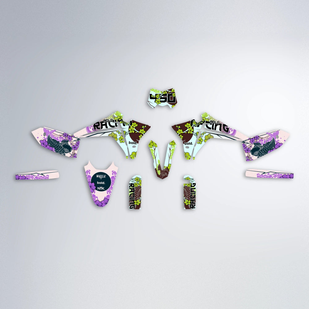 KOI Fantic graphics kit parts layout in Purple & Yellow