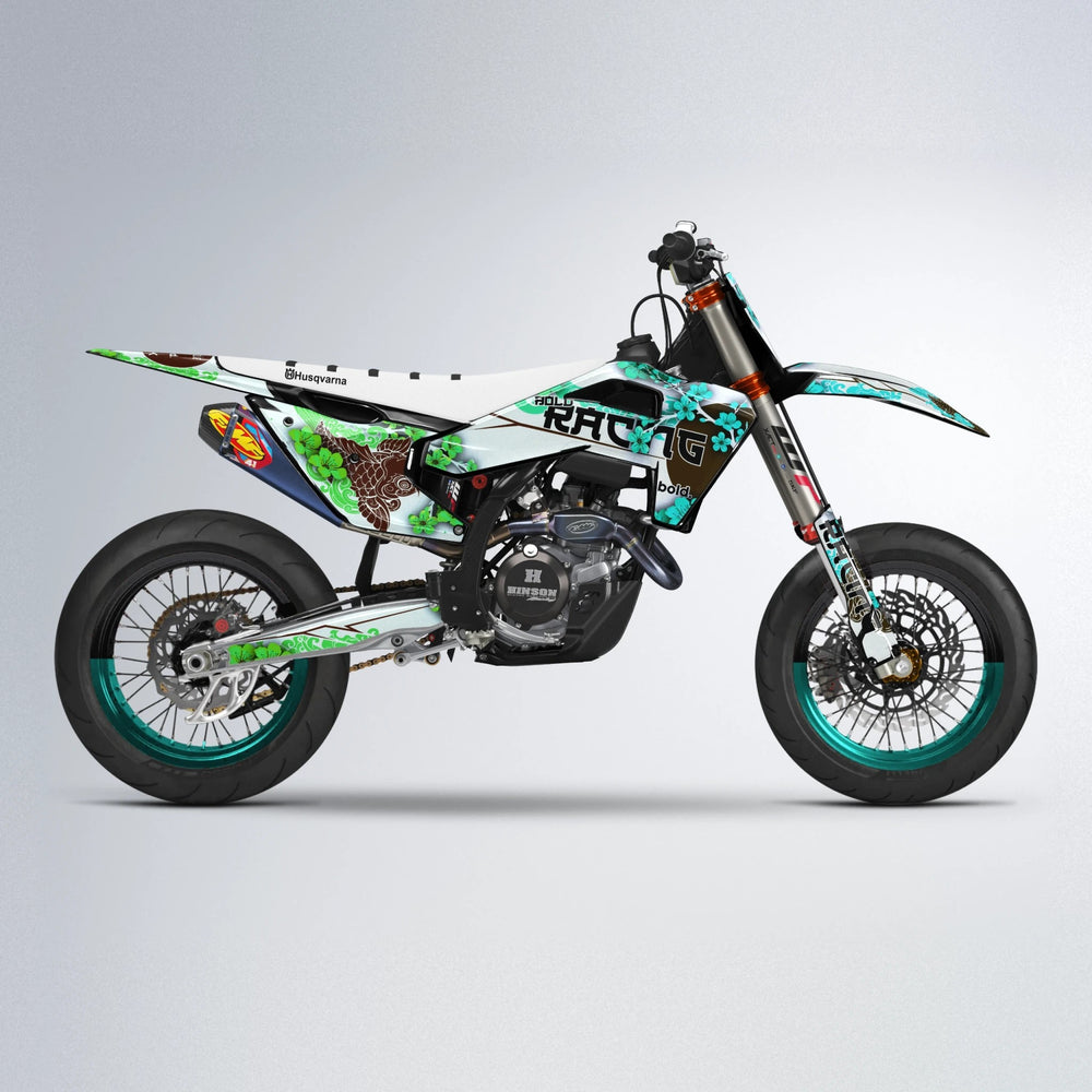 KOI Husqvarna FE/TE supermoto graphics kit in Cyan & Green