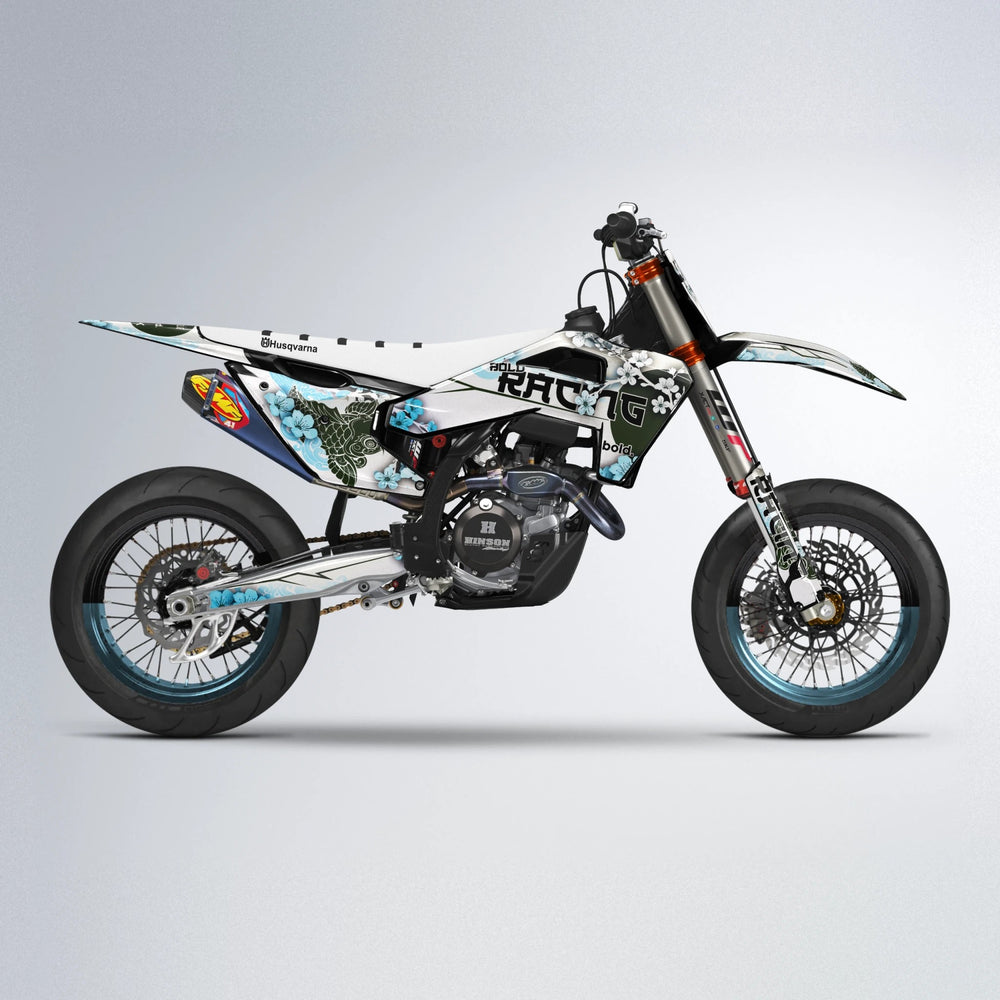 KOI Husqvarna FE/TE supermoto graphics kit in Light Blue & White