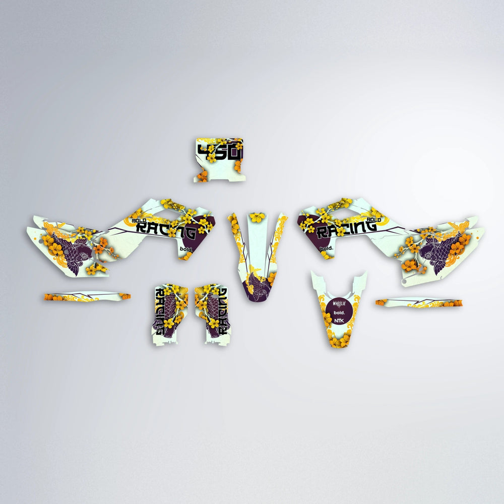 KOI Husqvarna FE/TE graphics kit parts layout in Orange & Yellow