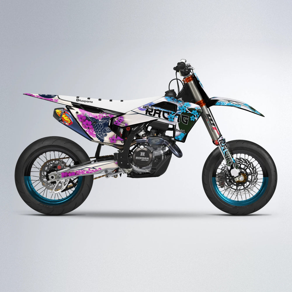 KOI Husqvarna FE/TE supermoto graphics kit in Pink & Light Blue
