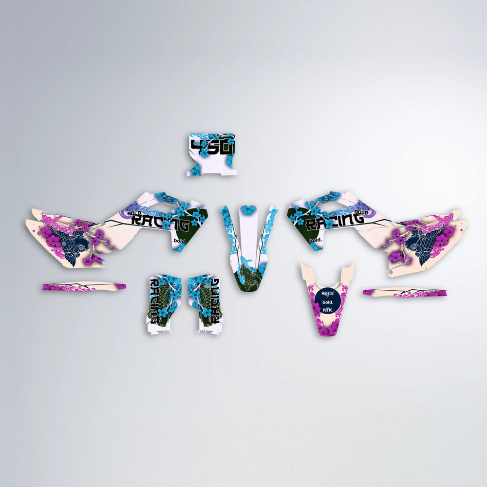KOI Husqvarna FE/TE graphics kit parts layout in Pink & Light Blue