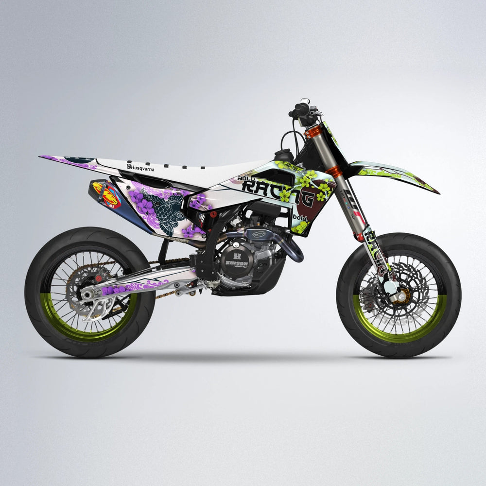 KOI Husqvarna FE/TE supermoto graphics kit in Purple & Yellow