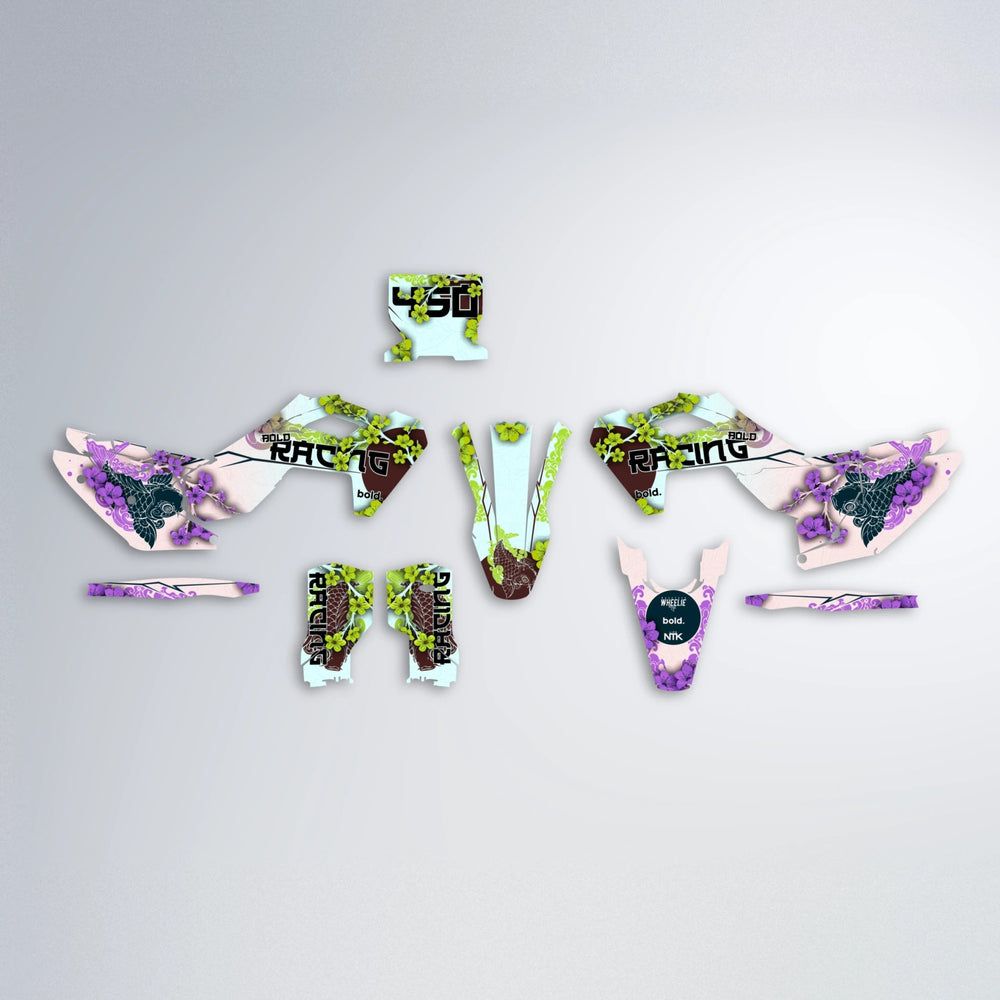 KOI Husqvarna FE/TE graphics kit parts layout in Purple & Yellow