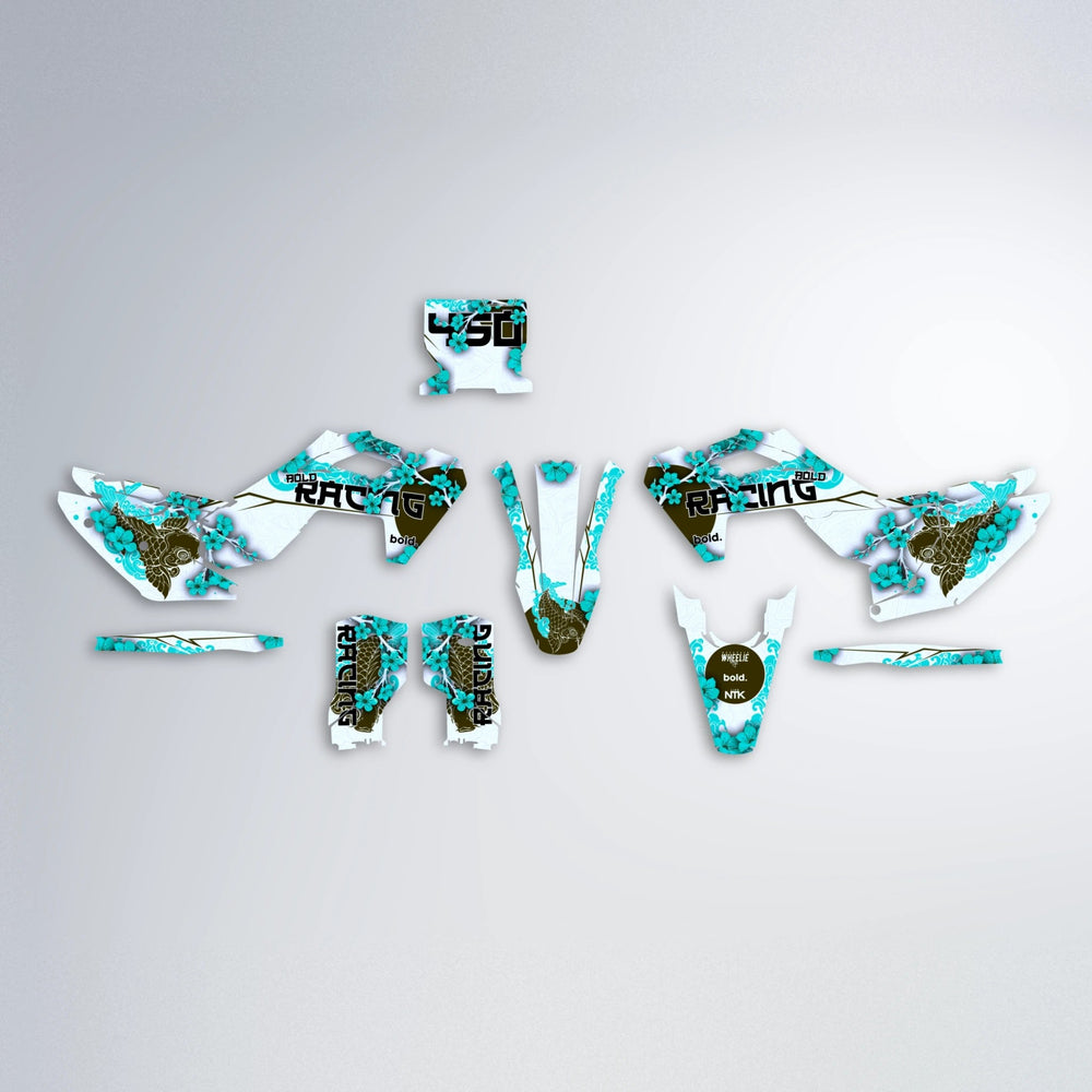 KOI Husqvarna FE/TE graphics kit parts layout in Teal