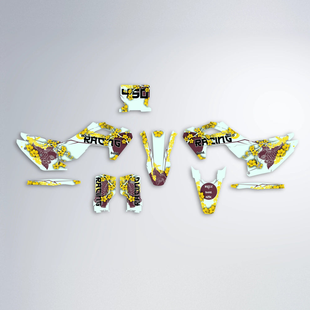 KOI Husqvarna FE/TE graphics kit parts layout in Yellow