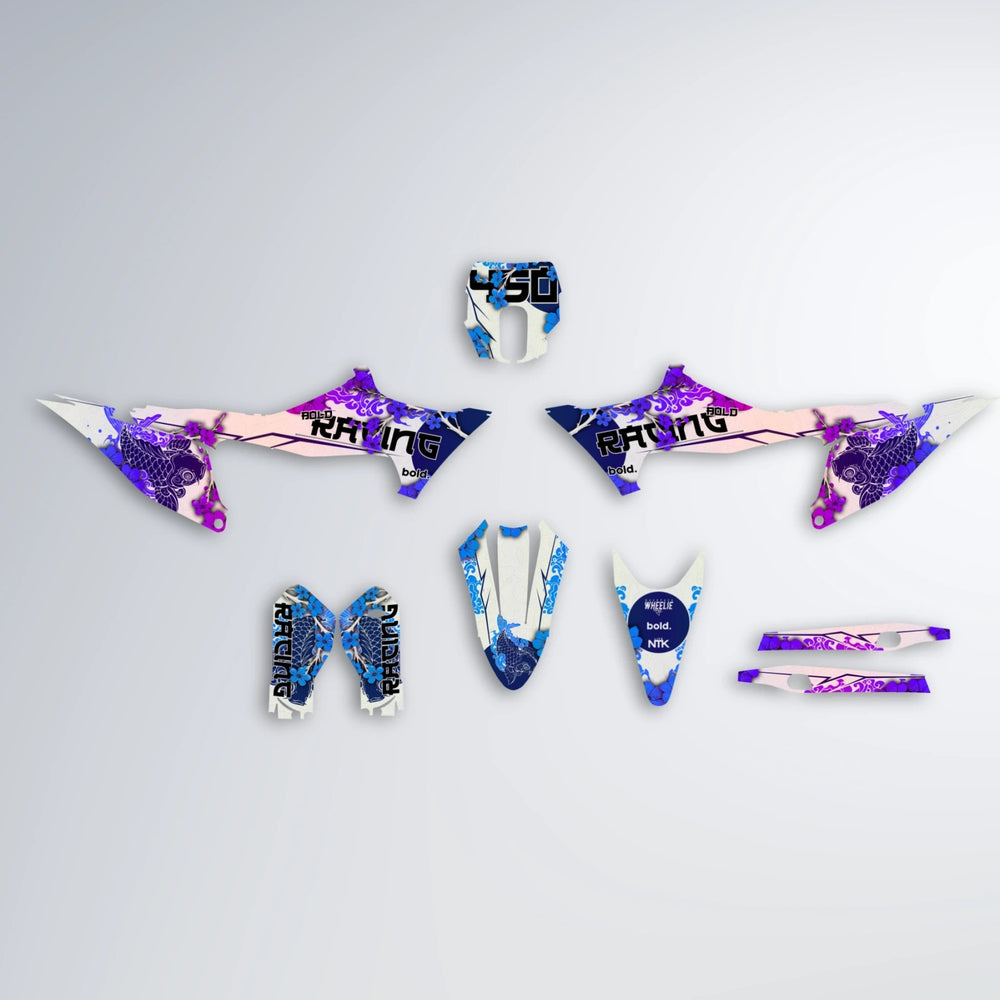 KOI Stark Varg MX graphics kit parts layout in Blue Purple Fade