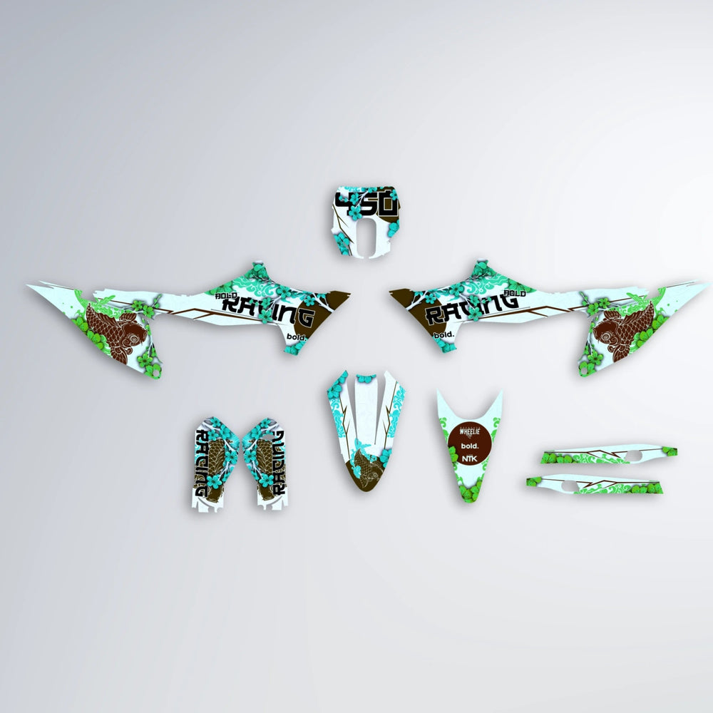KOI Stark Varg MX graphics kit parts layout in Cyan & Green