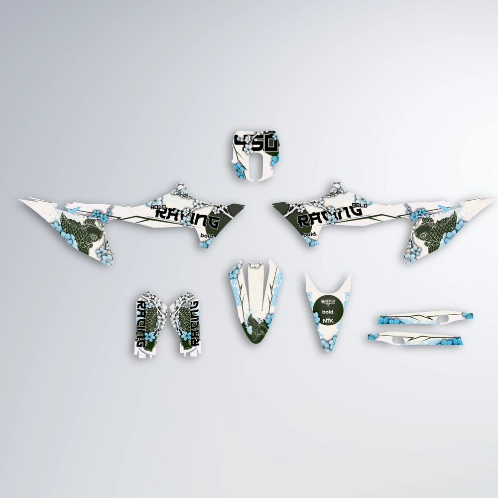 KOI Stark Varg MX graphics kit parts layout in Light Blue & White