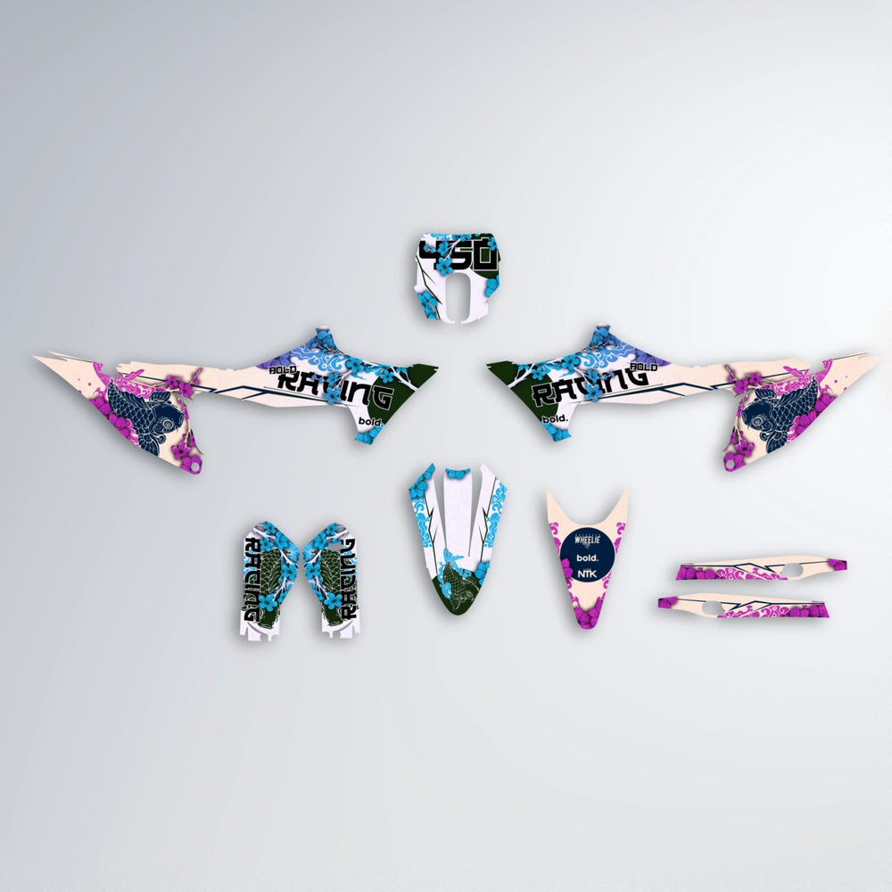 KOI Stark Varg MX graphics kit parts layout in Pink & Light Blue