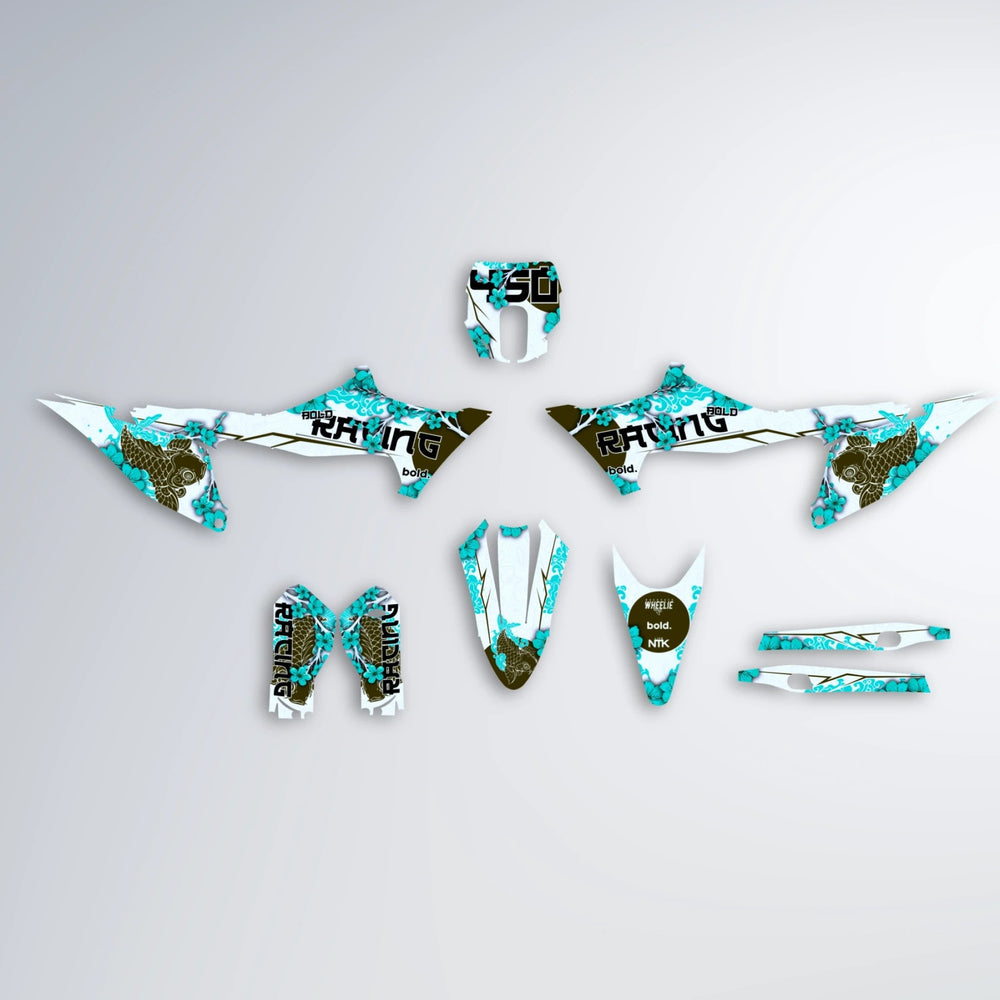 KOI Stark Varg MX graphics kit parts layout in Teal