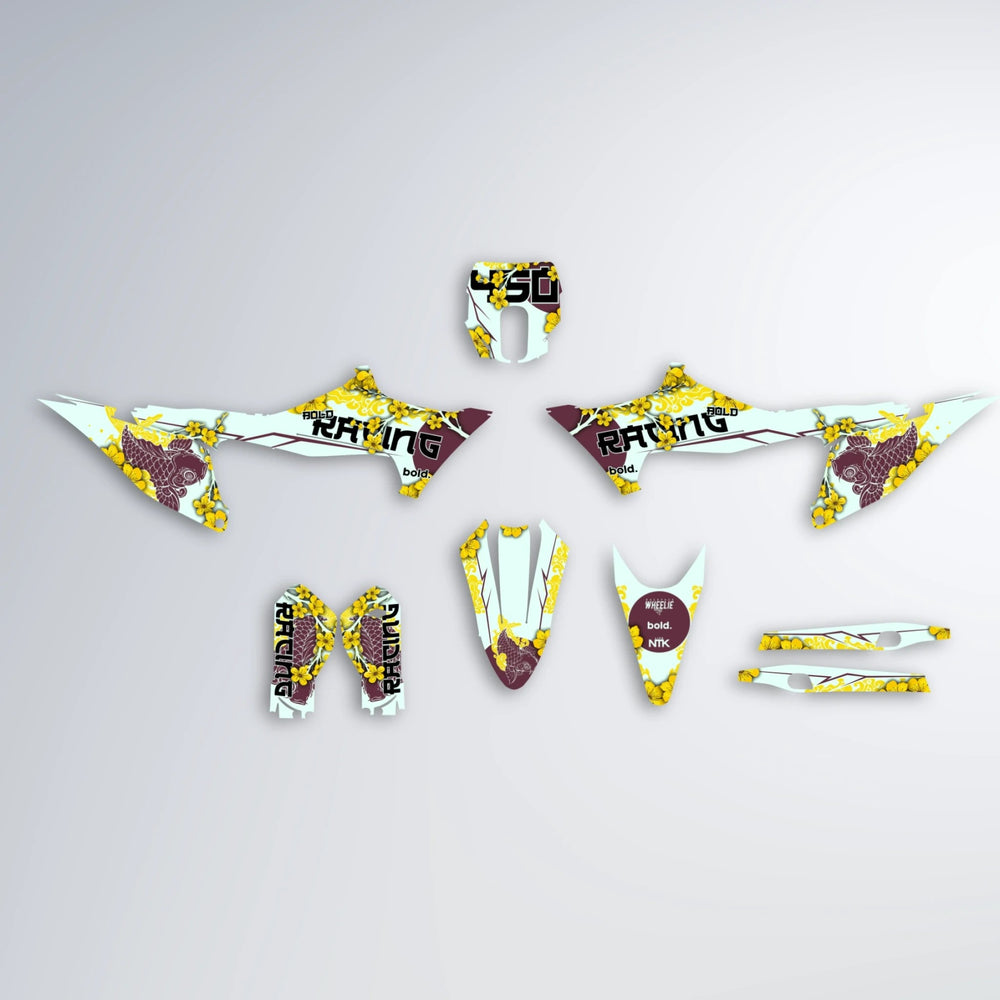 KOI Stark Varg MX graphics kit parts layout in Yellow