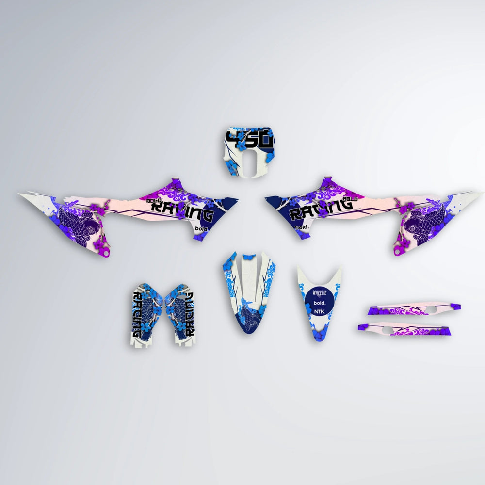 KOI Stark Varg SM graphics kit parts layout in Blue Purple Fade