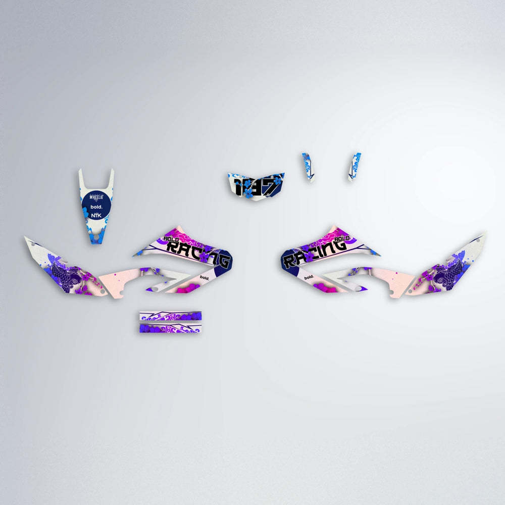 KOI Yamaha WR 125X graphics kit parts layout in Blue Purple Fade