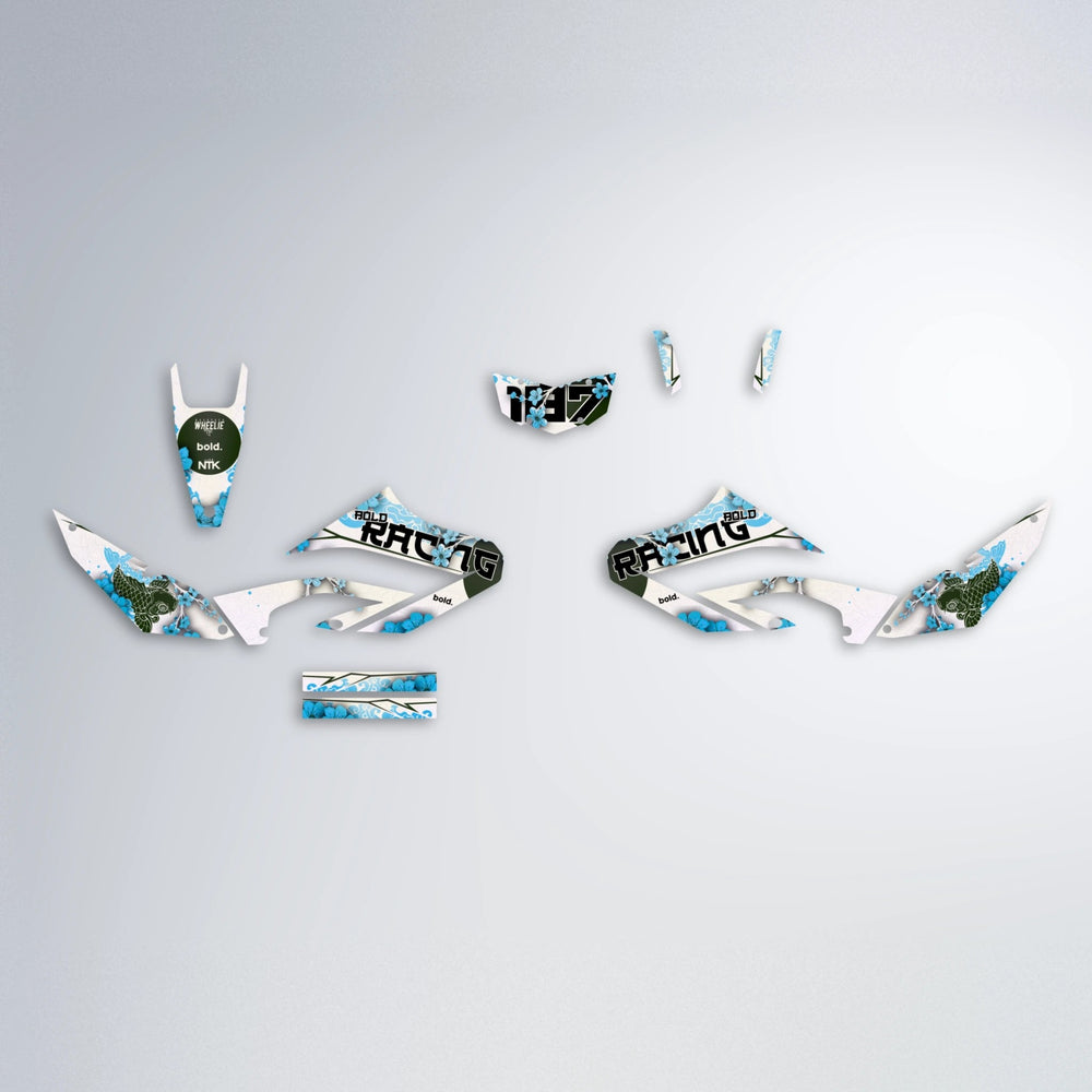 KOI Yamaha WR 125X graphics kit parts layout in Light Blue & White