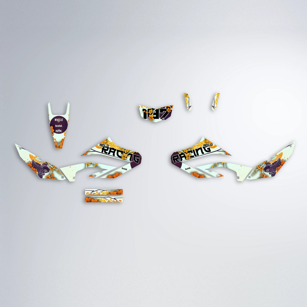 KOI Yamaha WR 125X graphics kit parts layout in Orange & Yellow