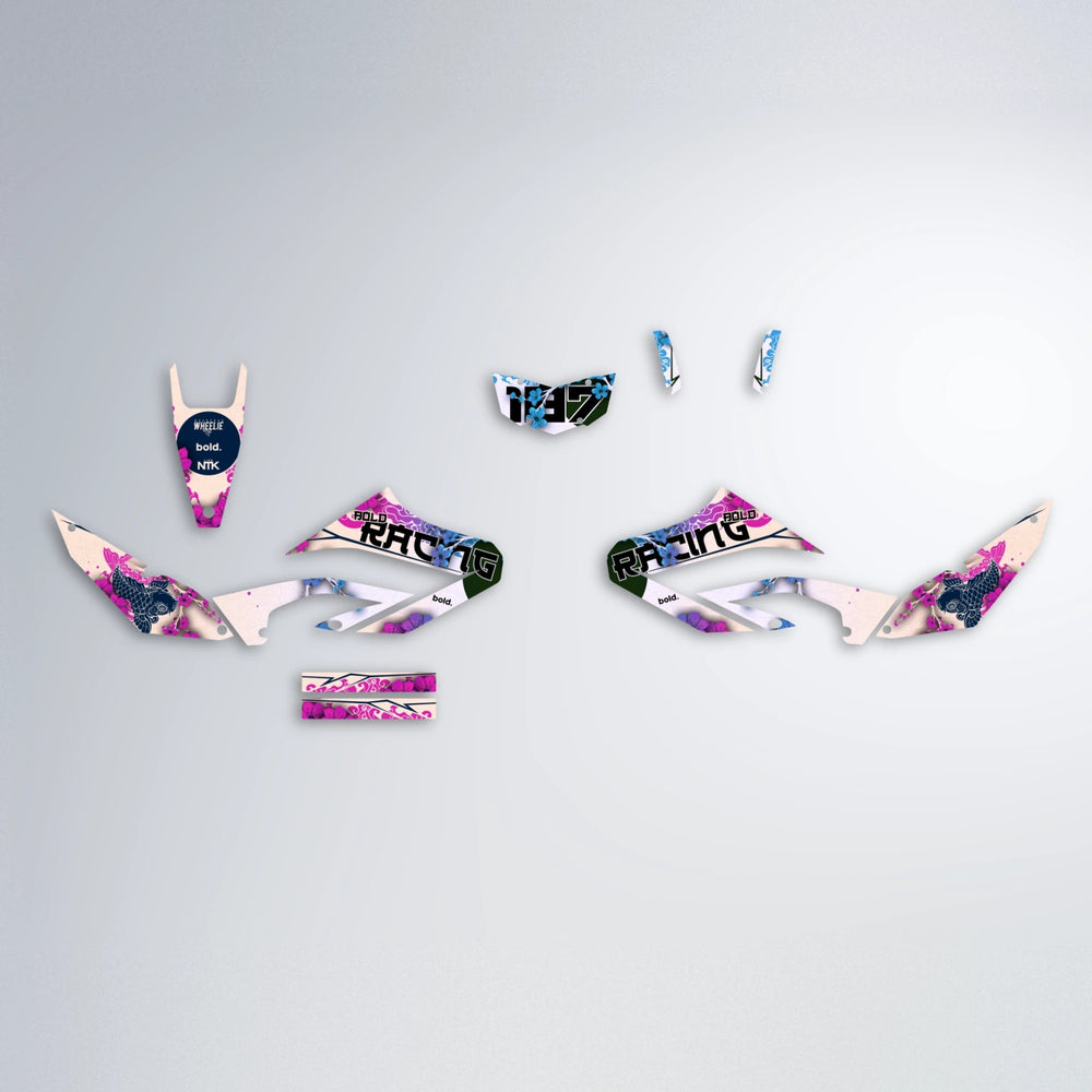 KOI Yamaha WR 125X graphics kit parts layout in Pink & Light Blue