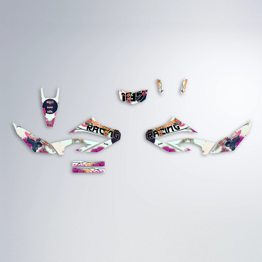 KOI Yamaha WR 125X graphics kit parts layout in Pink & Yellow