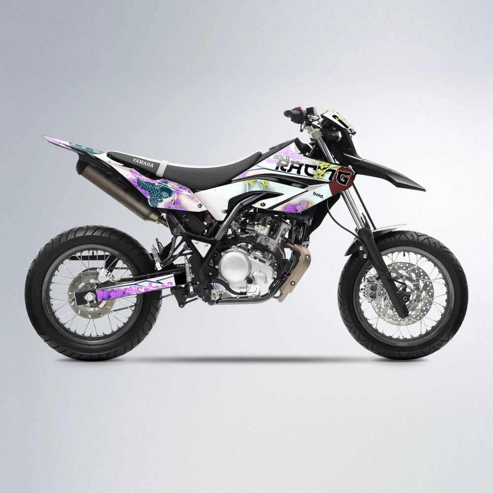 KOI Yamaha WR 125X supermoto graphics kit in Purple & Yellow