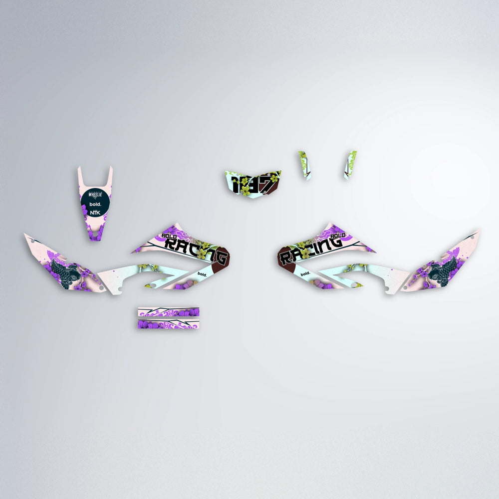 KOI Yamaha WR 125X graphics kit parts layout in Purple & Yellow