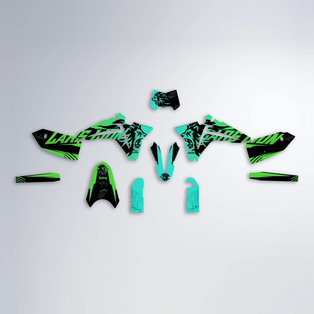 LARSLION Fantic graphics kit parts layout in Cyan & Green